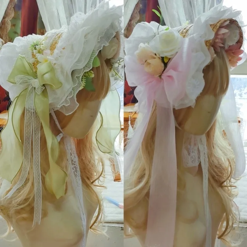 Japanese Original Lolita Hanyang Eclectic Hat Bonnet Bnt Pastoral Lace Bow Cla Photo Lolita Straw Hats