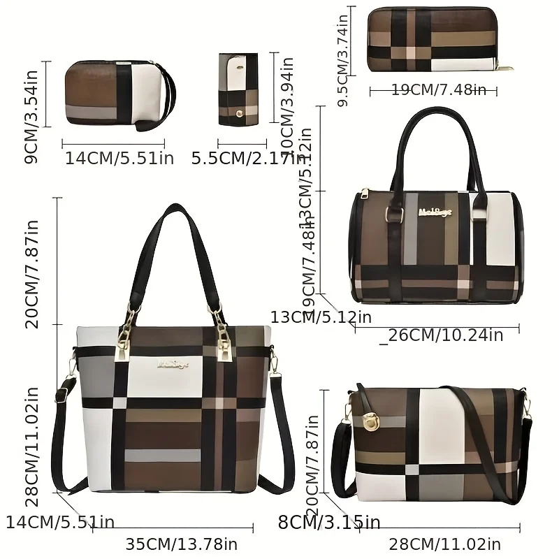 Classic Plaid Pattern Bag Sets, Trendy Tote Bag With Handbag & Shoulder Bag & Clutch Bag & Wallets