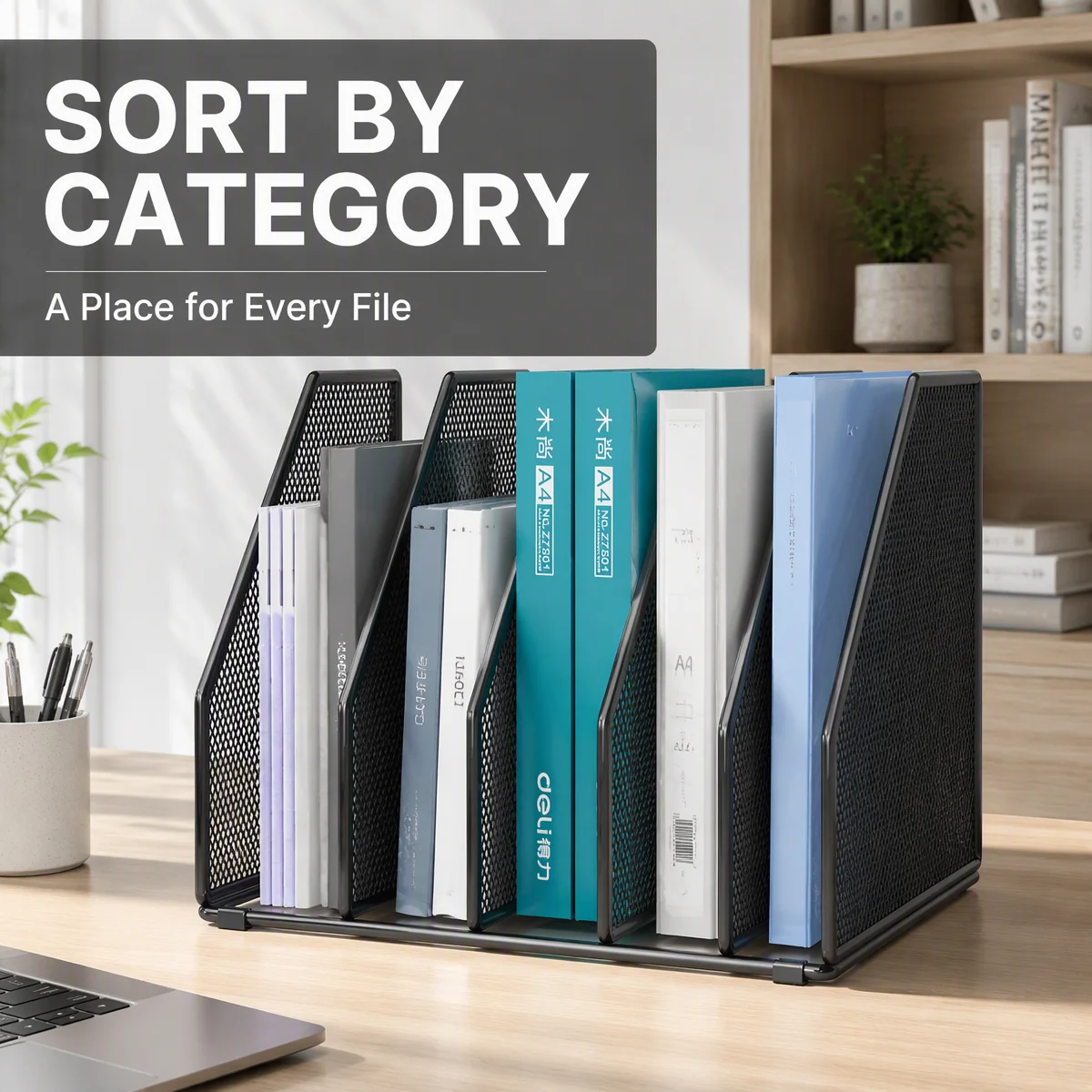 5 Slot Metal Mesh Desktop File Organizer Magazine Rack A4 Folder Document Sorter for School Home Office Students Teachers
