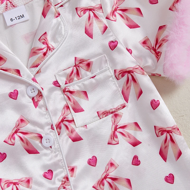 Infant  Jumpsuit PJs Floral Pattern Ruffle Trim Short Sleeves Collared Front Button Satin Nightwear Set