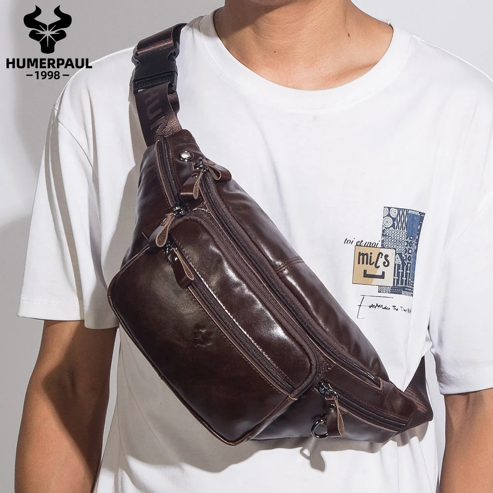 

HUMERPAUL Мужская сумка на грудь и через плечо из натуральной кожи, повседневная сумка для мобильного телефона в стиле ретро, многофункциональная противоугонная поясная сумка