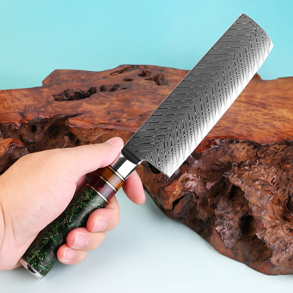 

Professional 7 Inch Nakiri Knife,Japanese Damascus Steel Ultra Kitchen Knives Sharp Vegetables Knife with Rice Husk Resin Handle