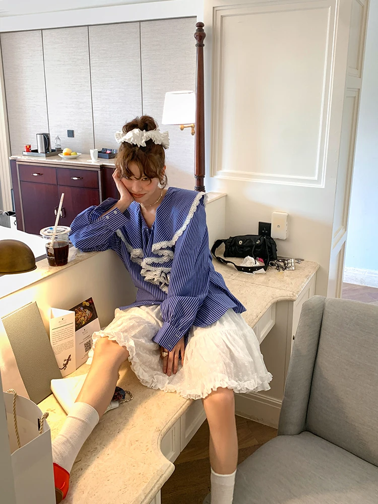 

Blue Striped Naval Collar irt Design Sense Lace Flower Top Korean Sle Loose Fit Cotton Polyester Spandex Blend Long ...