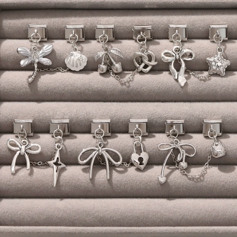 

New Y2K Charm Bow Dragonfly Cherry Shell Tassel Chain Italian Charm Links Fit 9MM Stainless Steel Bracelet DIY Making Jewelry