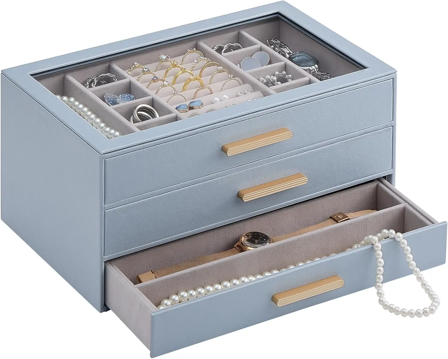 

Органайзер для украшений, 3-слойный футляр для хранения украшений со стеклянной крышкой, подставка для колец, серег, браслетов и ожерелий