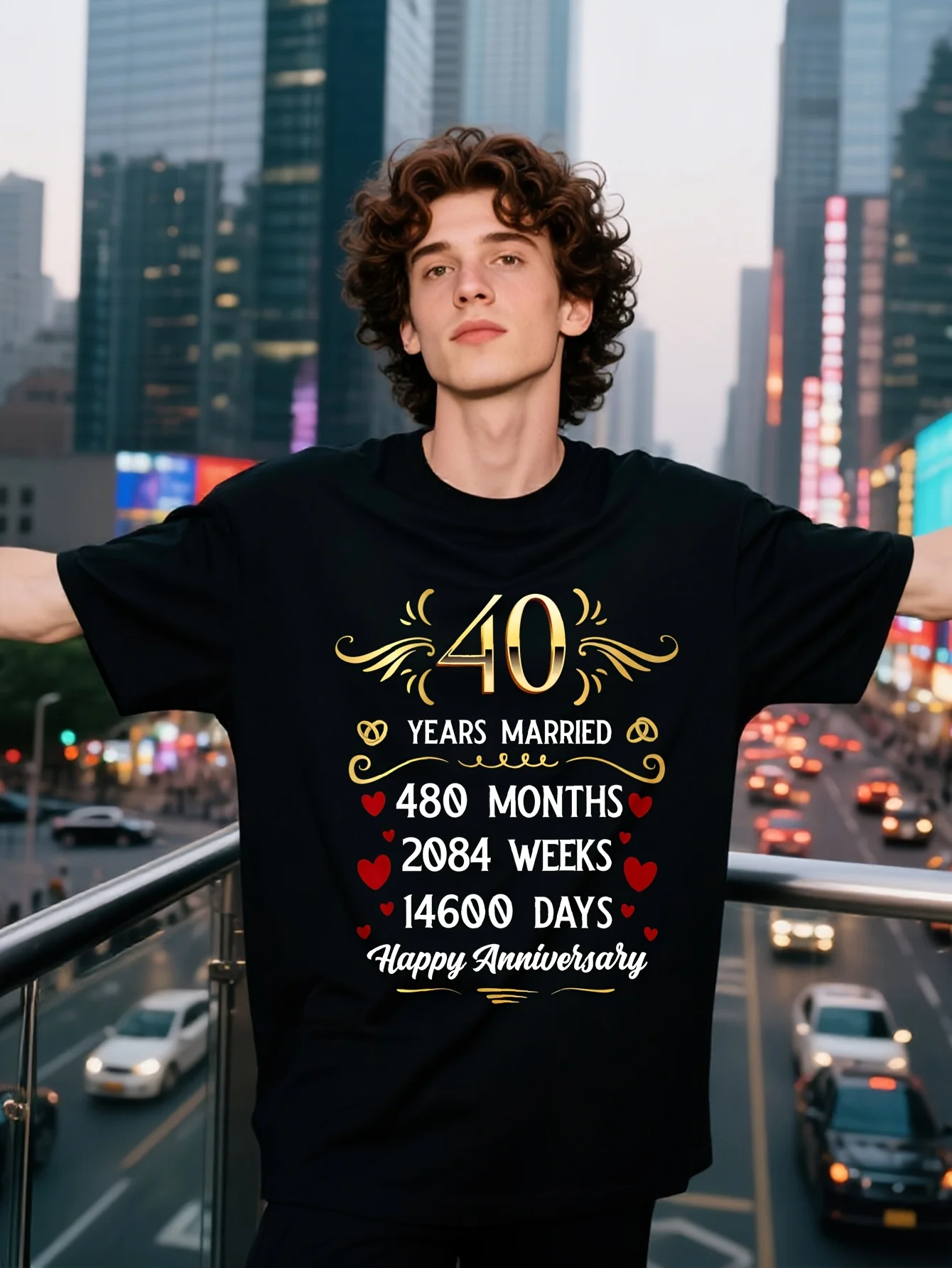 Men's 40th Anniversary Wedding Commemorative T-shirt, Gold Wedding Ring and Heart Design, 40 Year Wedding Couple's Shirt