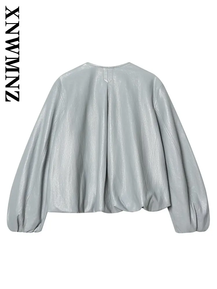 XNWMNZ 2026 Summer Woman's Fashion Chic Long Sleeve O-Collar Imitation Leather Outerwear Vintage Holiday Lady Bohemian Jacket