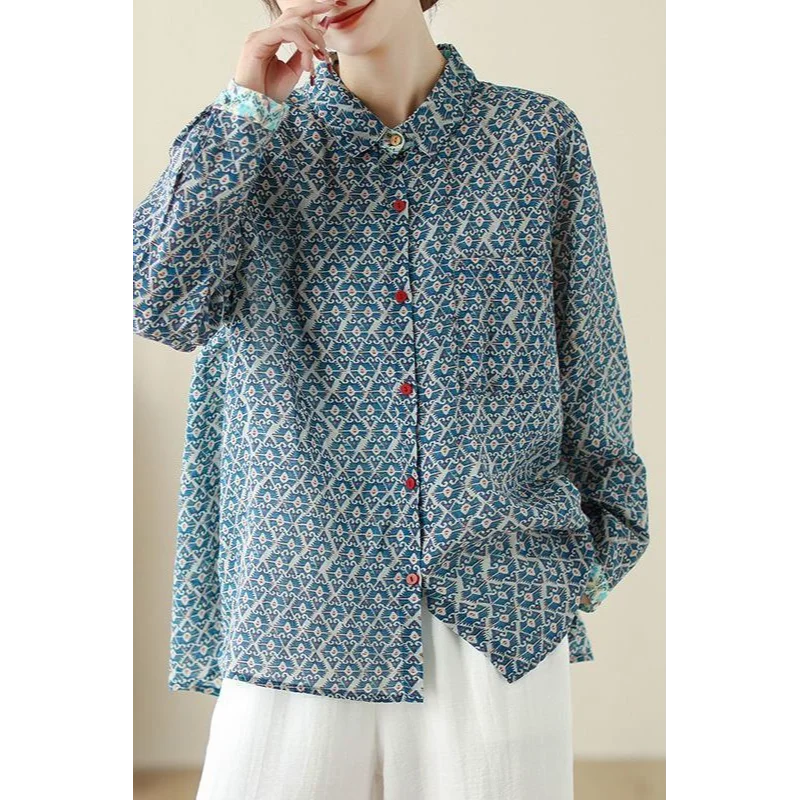 Retro Women's New Stitched POLO Collar Button Print Fashion Loose Versatile Casual Long Sleeve Shirts