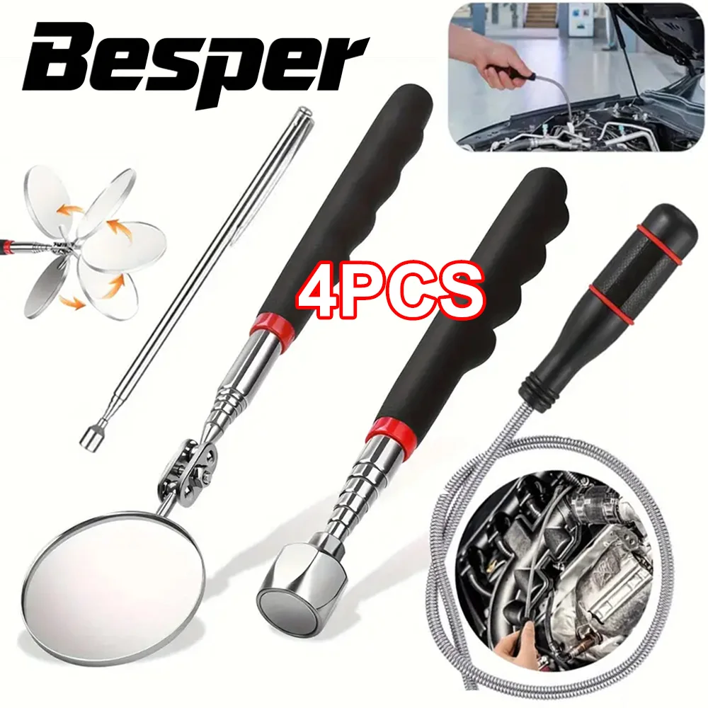 4Pcs Magnetic Pickup Tools Kit with Extendable Telescoping Magnet Pick up Tool Bend-It Flexible Magnetic Sweeper And LED Flashli