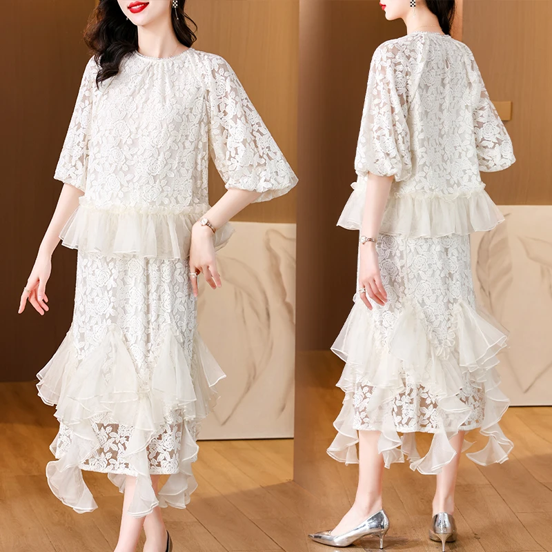 Spring 2024 New Women's White Lace Dress in Large, Loose, Tight, Over Knee Skirt, Elegant and Fashionable, Versatile Dress