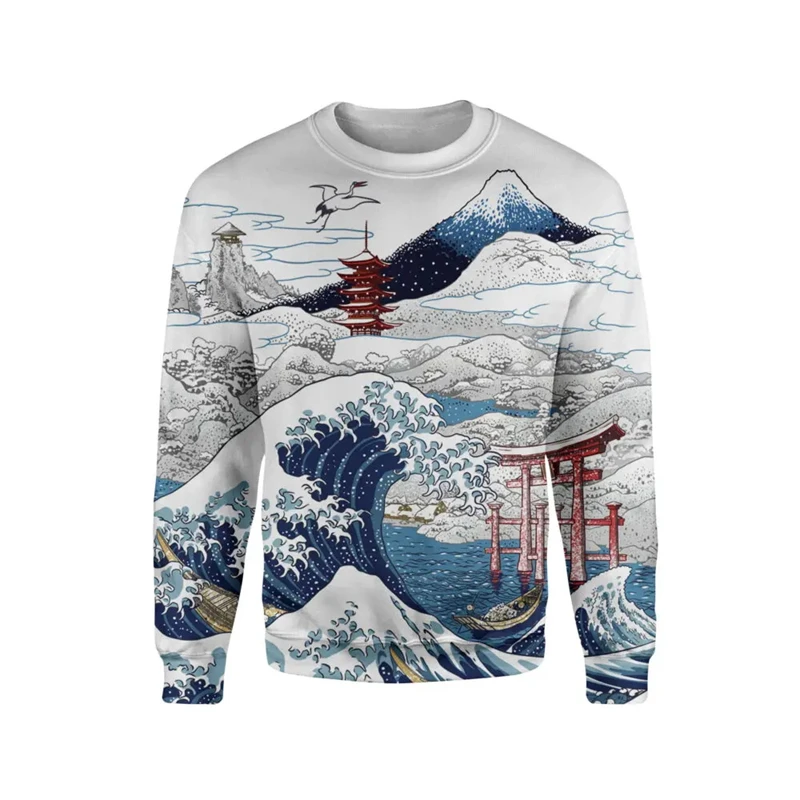 Sweat à capuche graphique vague de mer de style japonais imprimé en 3D pour hommes, sweat-shirt décontracté pour enfants, pull à col rond, sweats à capuche Harajuku Y2K, vêtements pour hommes