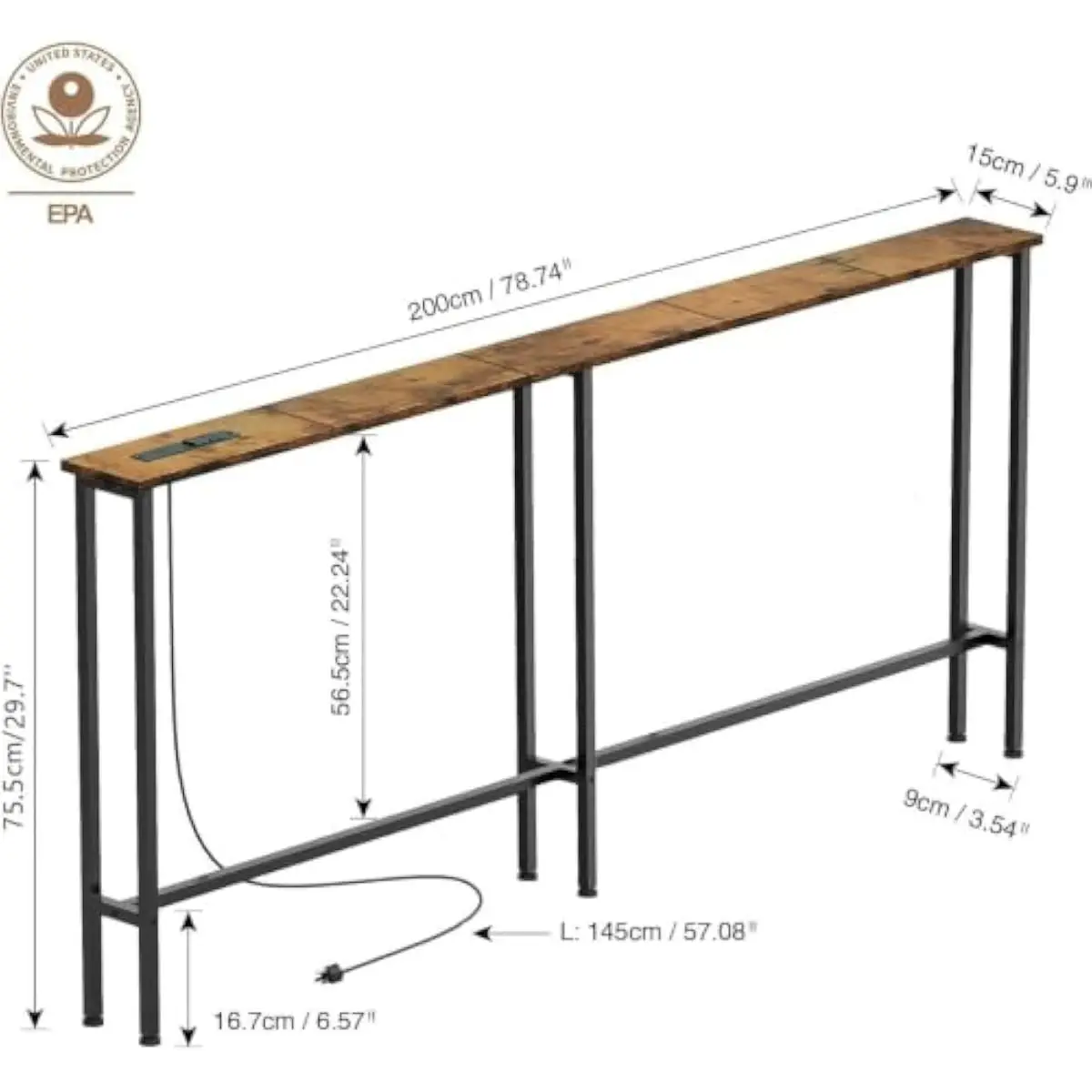 78 Inch Slim Rectangular Sofa Table Featuring Integrated 120V Power Outlets Two USB Charging Ports Four Foot Power Cord Rustic B