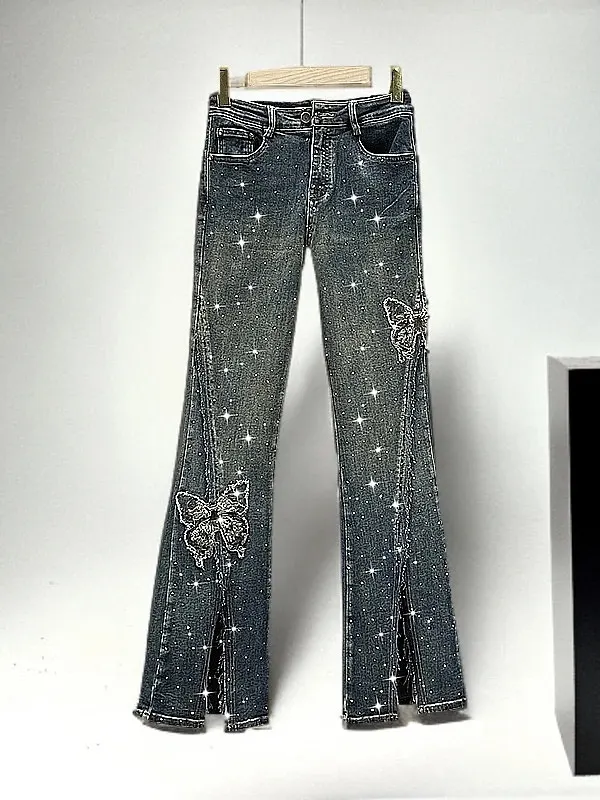 Spring 2026 New Style Casual Slim Fit Rhinestone Micro Flared Jeans Slit Denim Bell Bottom Pants Women's Fashion High Waist N...
