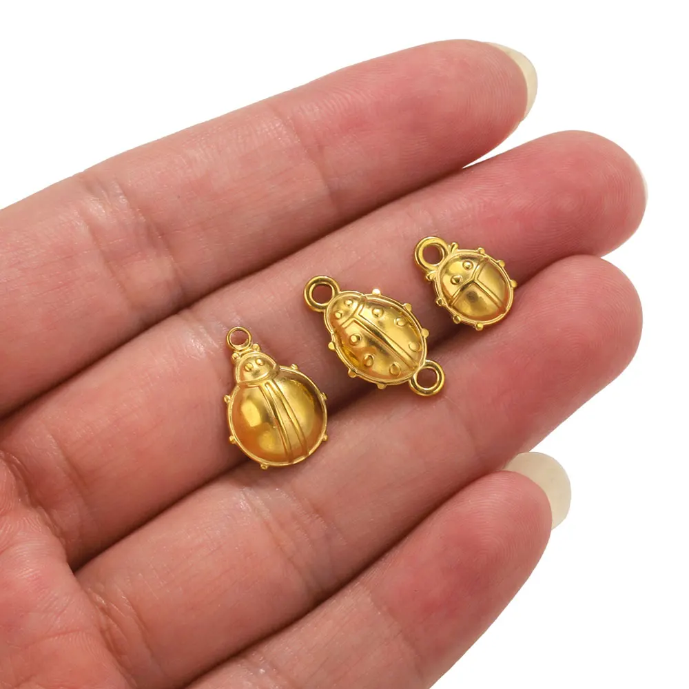 10pcs Stainless Steel Double Hole Charm Insect Ladybug Gold Plated Charms Pendants For Jewelry Making DIY Jewelry Connector