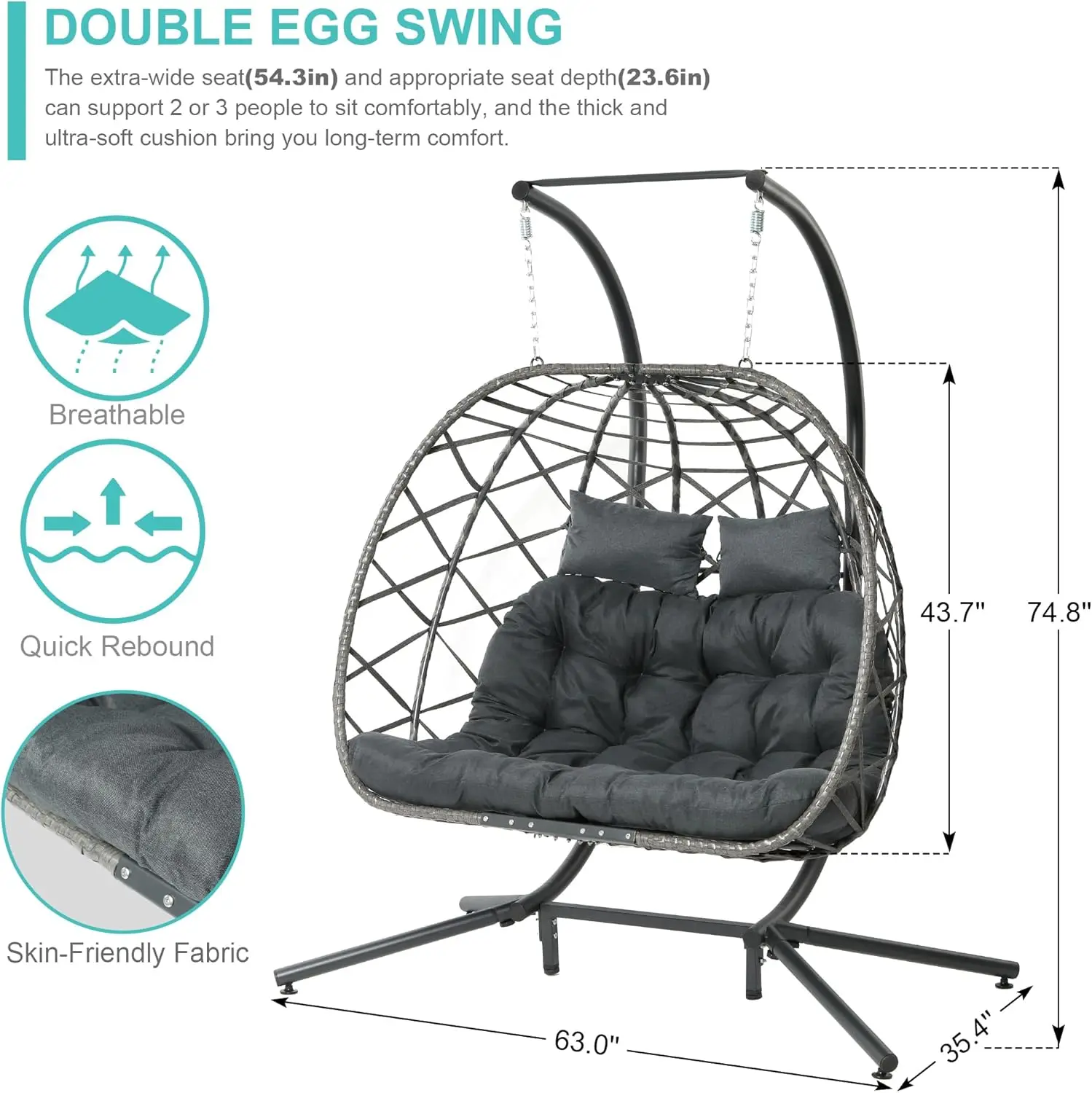 Double Egg Swing Chair with Stand, 2 Person Outdoor Indoor Hammock Hanging Chair with Cushion for Patio Living Room 550 L