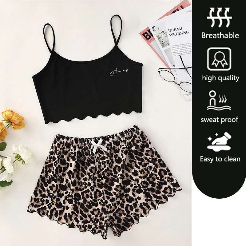 Alphabet Print Camisole Top Leopard Print Shorts Homewear Set Black Casual Loose Suspenders Women Pajamas Can Be Worn Out xl