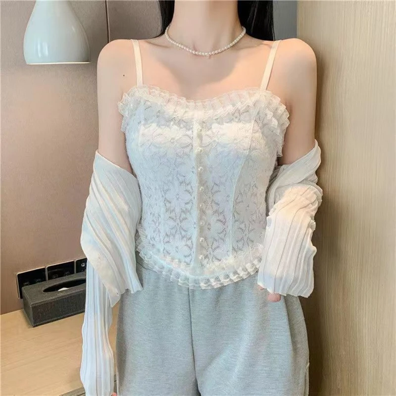 

Lace Flower Cami Crop Tank Tops Summer Camisole Women's Tube Top Elegant Slim Short Tanks Vest Sexy Y2k Pearl