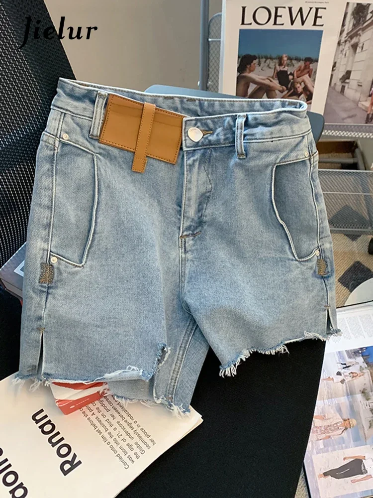 

Jielur High Street Light Blue Asymmetrical Cool Denim Shorts Women Summer High Waist Straight Split Short Jeans Woman S-XL