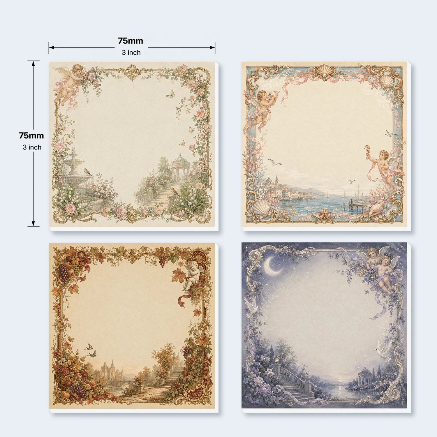 4PCS Classical Garden Self Adhesive Sticky Notes 200 Sheets Angel Floral Landscape Ocean Moon Decorative Memo Pads Office School