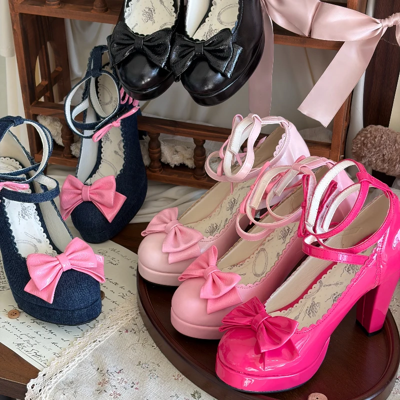 Pink Sweet and Cute Lolita Bow High Heels Women's Original Waterproof Table Princess Bar Mitzvah High Heels for Female Lo Shoes