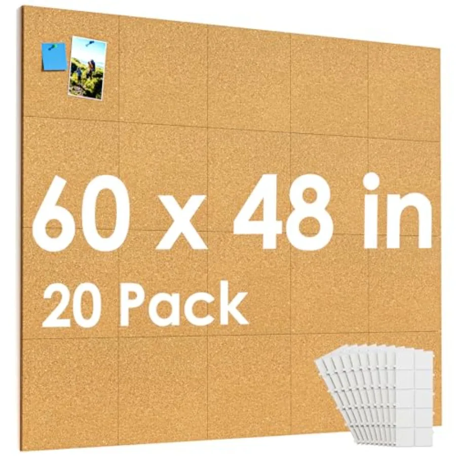 

60" x 48" Large Cork Board for Wall 20 Pack Cork Board Tiles with 40 Pushpins and Safe Removable Adhesive Tabs 12" x 12" Corkbo
