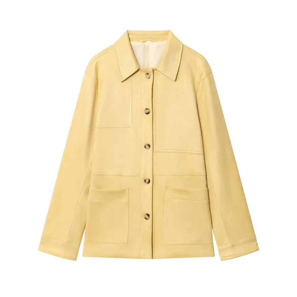 

2025 New Yellow Lapel Metal Buttons Multi Pocket Suede Short Women Fashion Casual Versatile Top