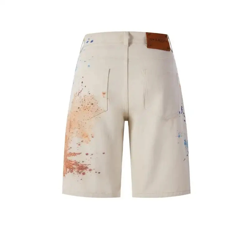 Rekaan Baharu 2026, American Style Denim Shorts with Watercolor Splash Pattern for Men, Vintage Washed and Worn Five-Point Trous