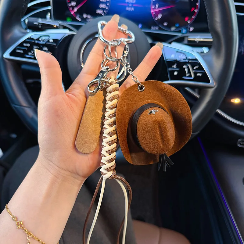 Lucky Cowboy Hat Keychain Pendant Handmade Braided Rope Faux Leather Charm Good Fortune Blessing Decor For Car Keys Bag Purse