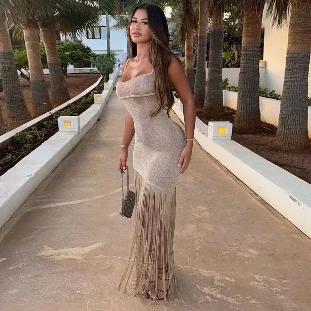 

2025 New Shiny Tassel Sexy Bodycon Maxi Dress for Women Fashion Backless Sleeveless Slim Gown Club Party Long Evening Dresses