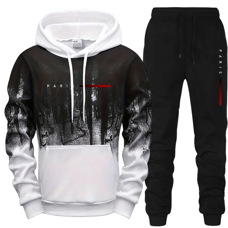 

Mens Tracksuit Casual Printed Splash-ink Hooded Sweatshirts Daily Sports Jogging Mens Clothing Fashion Single Piece Tops Pants