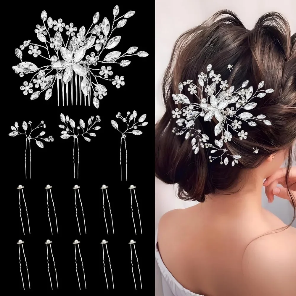 

14 шт. свадебные аксессуары для волос, свадебные аксессуары для волос, заколки для волос со стразами, расческа с жемчугом и кристаллами для свадебных подружек невесты, женщин
