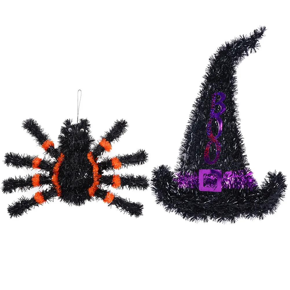 2Pcs Halloween Spider Witch Hat Hanging Decor Funny Festive Atmosphere Party Adornment for Porch Garden Window Door Bar