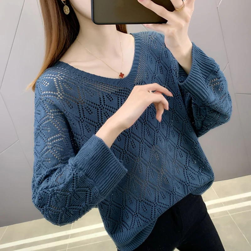 Three Quarter Sleeve V-neck Sweet Elegant Knitting Solid Casual Sweater Hollow Out Ladies Top Women Clothing Korean See-through