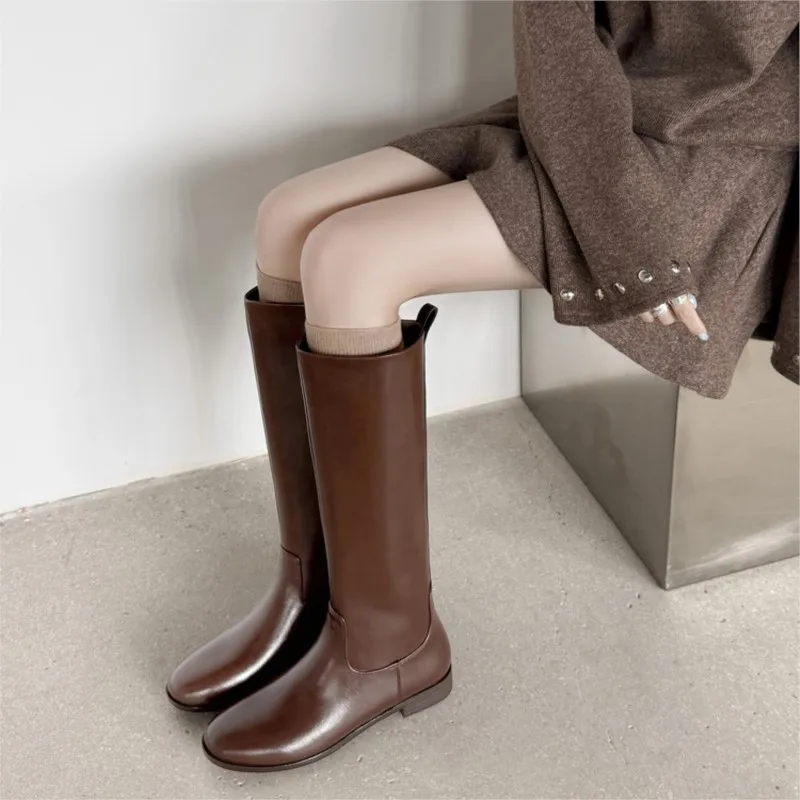 ANOVISHANA Women Mid Calf Boots Round Toe 4.5cm Thick Heels Button Belt Buckles Suede Leather Leisure Daily Oversize Winter