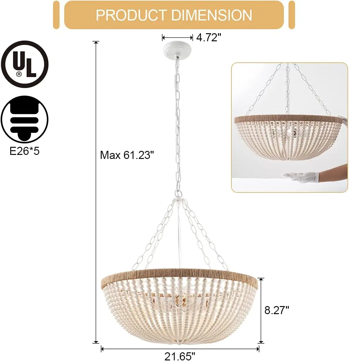 Wood Beaded Chandelier Farmhouse Antique Rustic Pendant Light for Bedroom Kitchen Island Dining Living Room