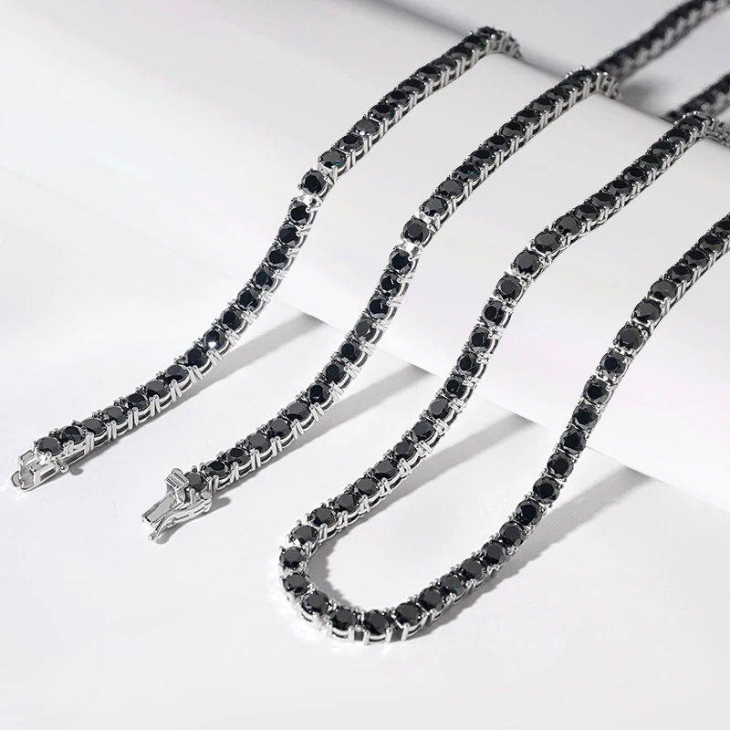 NeeTim 3/4/5/6.5mm Black Moissanite Tennis Necklace for Women Man 925 Silver with Gold Plated Neck Chains Hiphop Party Jewelry