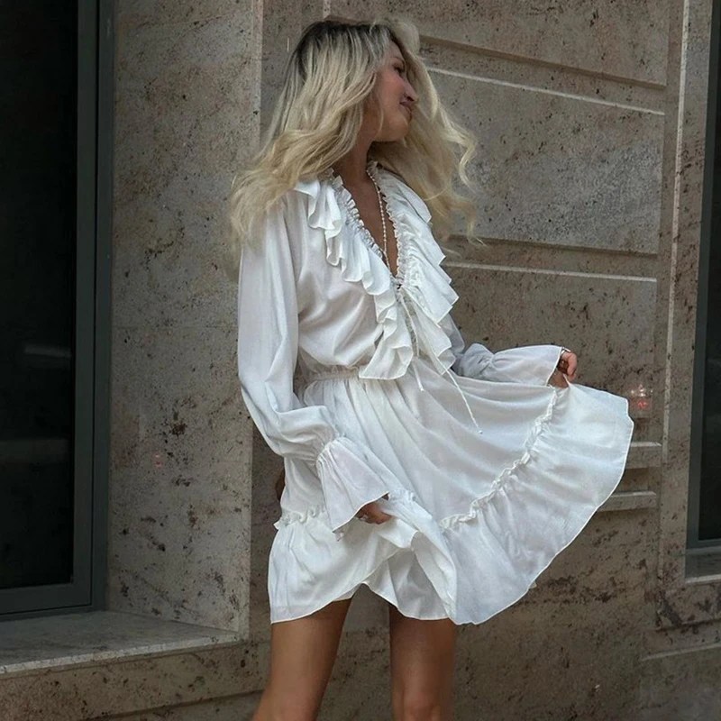 Spring Sexy Loose White Dress Ladies Elegant Ruffle High Waist Dresses For Women 2024 Fashion V-Neck Long Sleeve Mini Dress