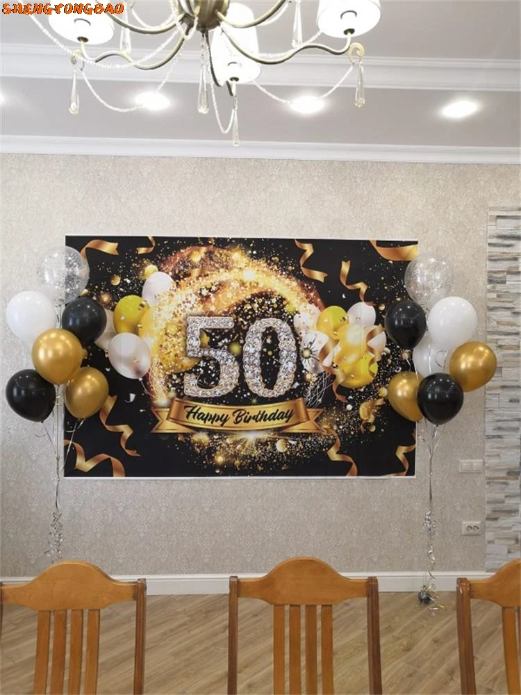 Vinyl Balloon Backdrops For Photography Happy 50 40 30 60th Birthday Party Shiny Diamond Golden Dots Ribbon Photo Backdrops