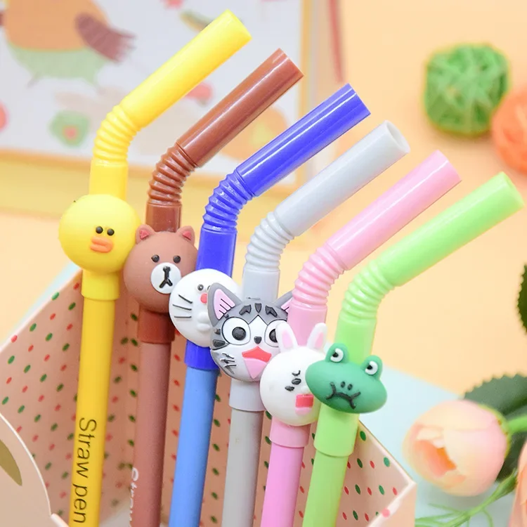 10PCS Creative Cute Cartoon Animal Straw Shape Gel Pen 0.5 Mm Kawaii Gel Pen Writing Stationery Office School Supplies