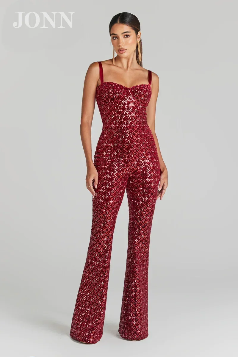 

JONN Luxury Red Sequins Jumpsuit for Women, Christmas Wear Evening Party Clubwear, Sleeveless Spaghetti Strap Design