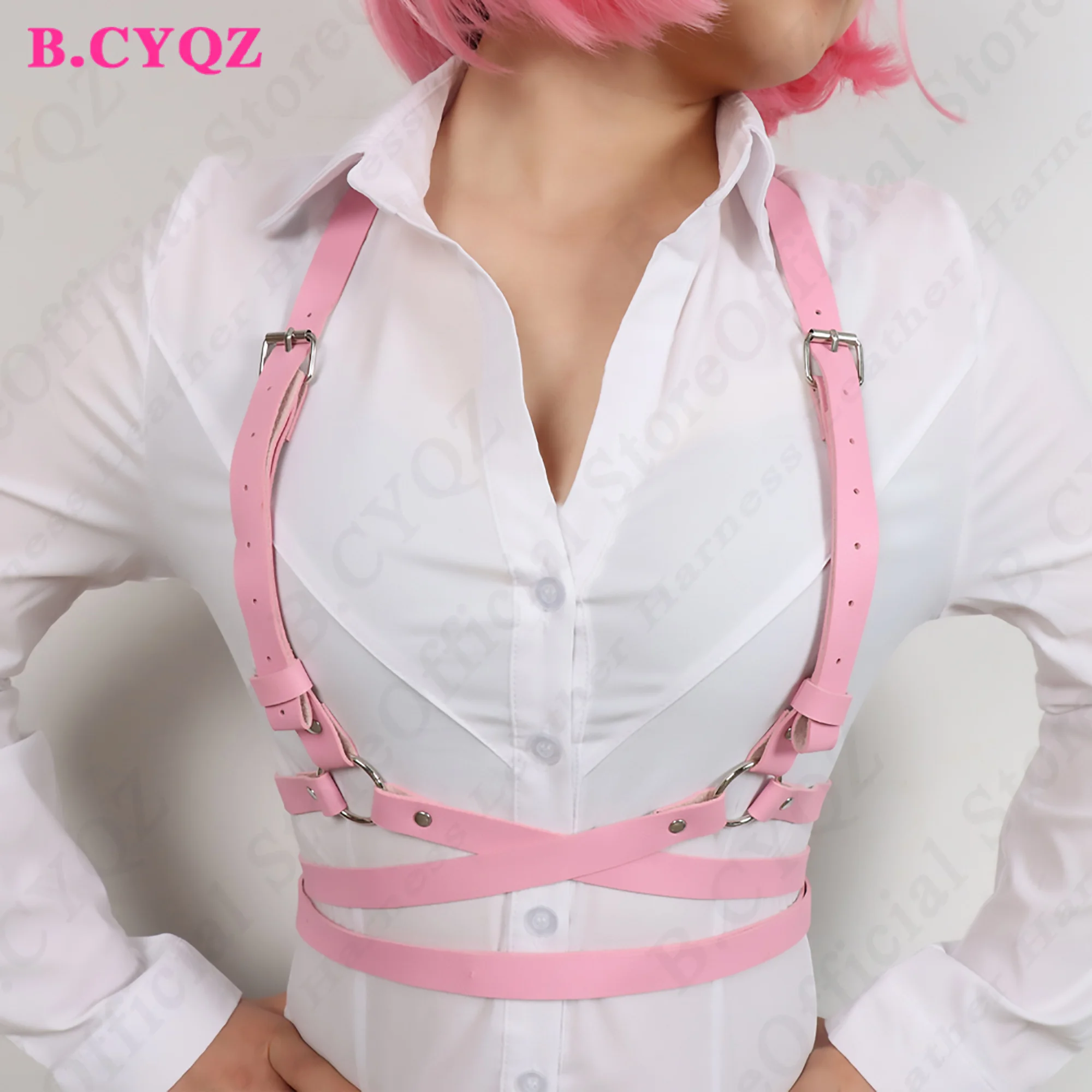 Sexy Pink PU Leather Harness Belt Fashion Chest Harness Bondage Suspenders Women Goth Lingerie Fetish Clothing Rave Accessories