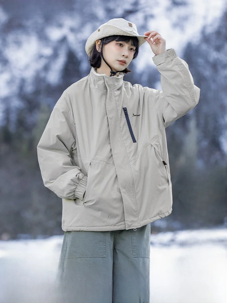 

Saoe, японская винтажная свободная куртка из овечьего меха, зимняя верхняя одежда с принтом логотипа, застежка-молния, длинное пальто с воротником-стойкой