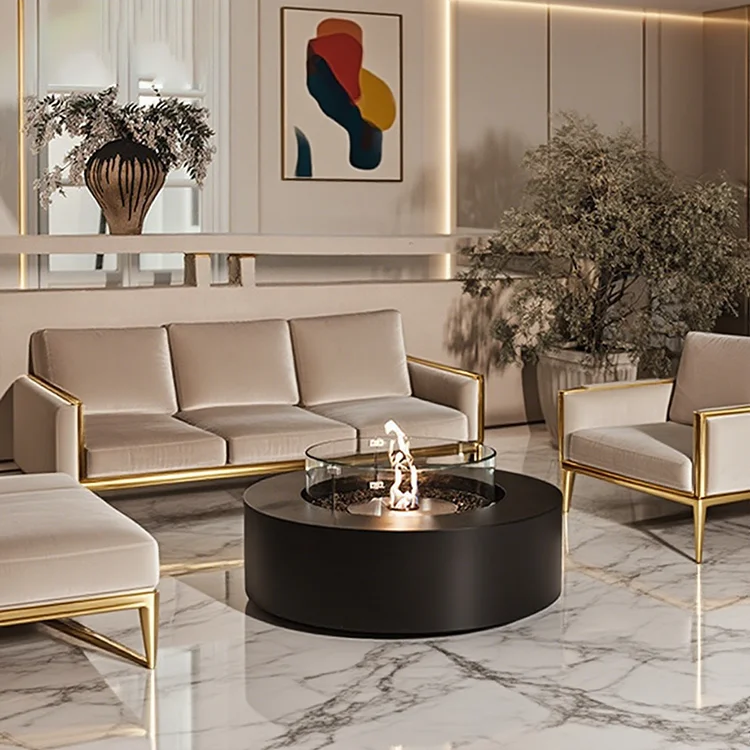 Modern Round Freestanding Steel Fire Pit Bioethanol Tabletop Fireplace for Indoor & Outdoor Use
