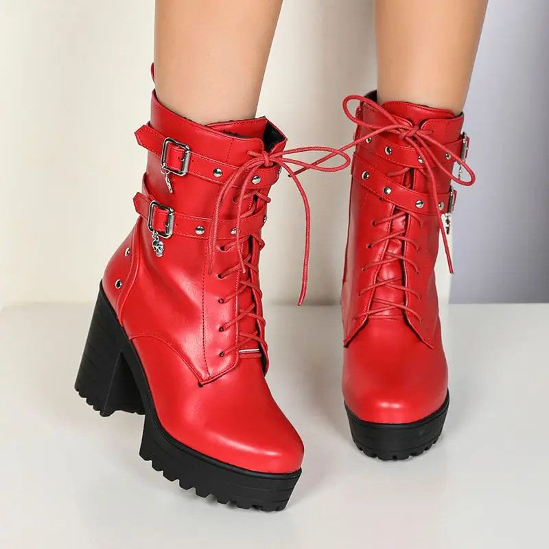 Girseaby Lady Brown Cut Out Boots Almond Toe 9cm Heel 3.5cm Flatform Side Zip Wide Size 40 41 42 43 44 Red Black