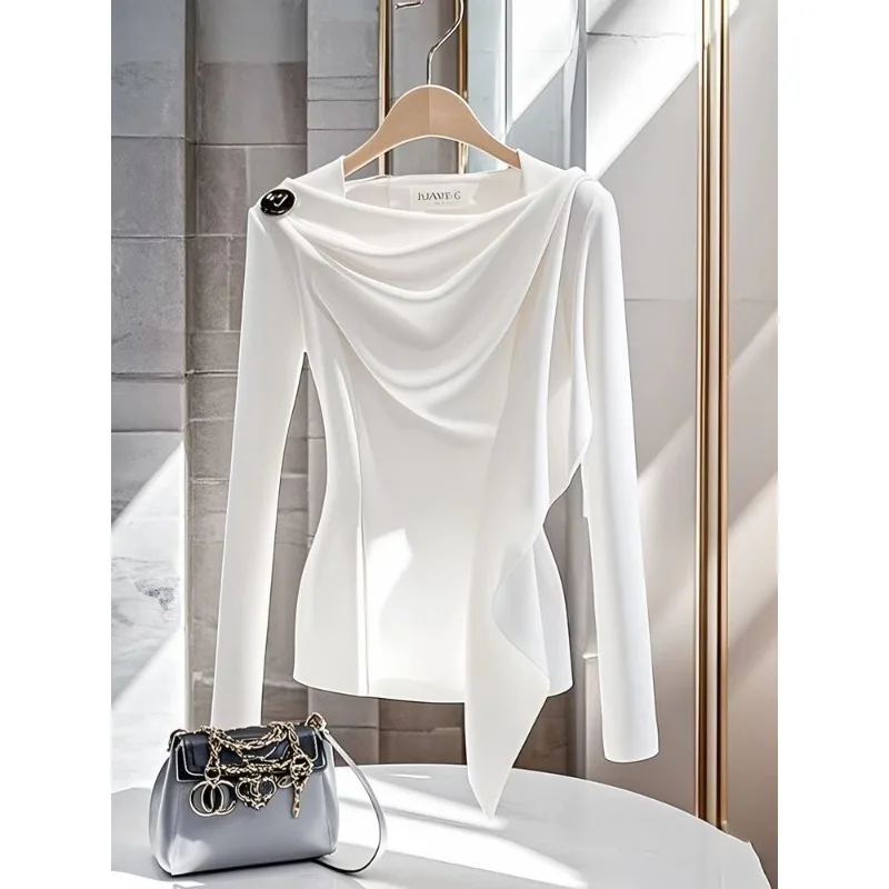 

Early Autumn Design One-shoulder Irregular Slim Fit New Style Slim Long-sleeved T-shirt Temperament Base Top