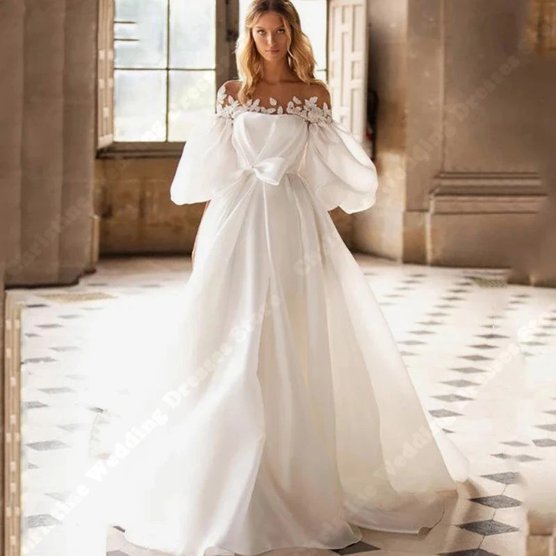 Abiti da sposa Vintage da donna con spalle scoperte maniche a lanterna soffici abiti da sposa a trapezio nuove Appliques di pizzo abiti da sposa