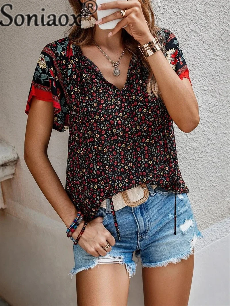 Blusa holgada informal con manga de hoja de loto para mujer, camisa con cuello en V, estilo étnico Vintage, Verano