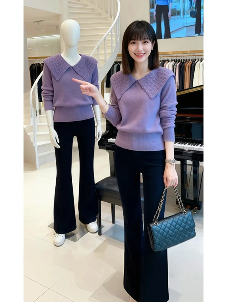 

Faionable Knitted Sweater And Micro Flared Pants Two Piece Set for Women by Xiangduer Autumn Winter High Collar Casual Sle