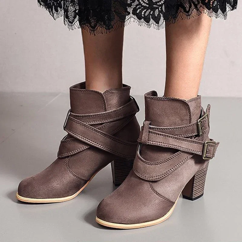 Vintage Women Ankle Boots Chunky High Heels Boots Buckle Rubber Casual Ladies Shoes Female Chelsea Short Boots Shoes Large Size