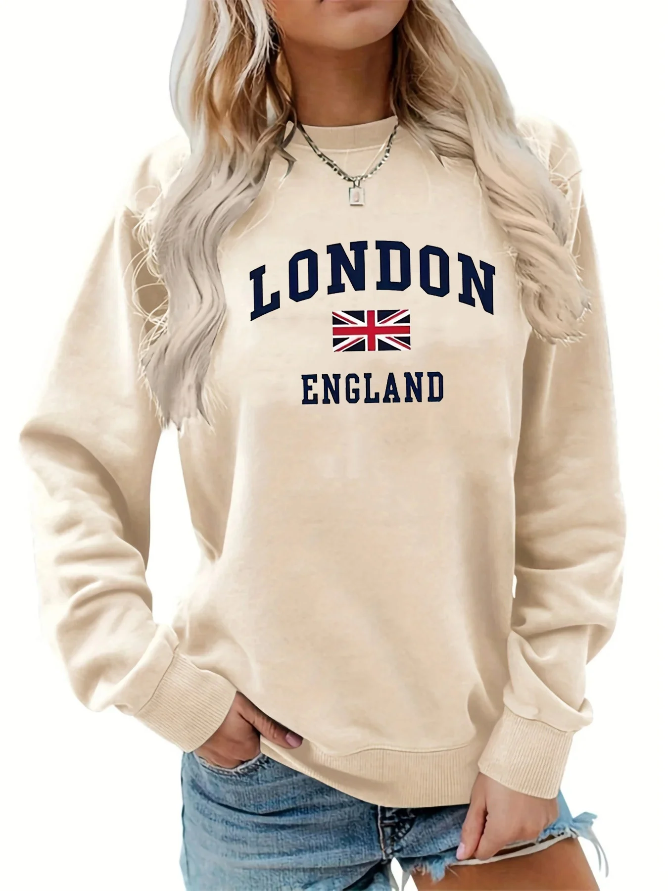Jersey de manga larga con cuello redondo y estampado de patrón de Londres y Inglaterra para mujer, moda informal, holgado, cómodo y cálido, otoño e invierno